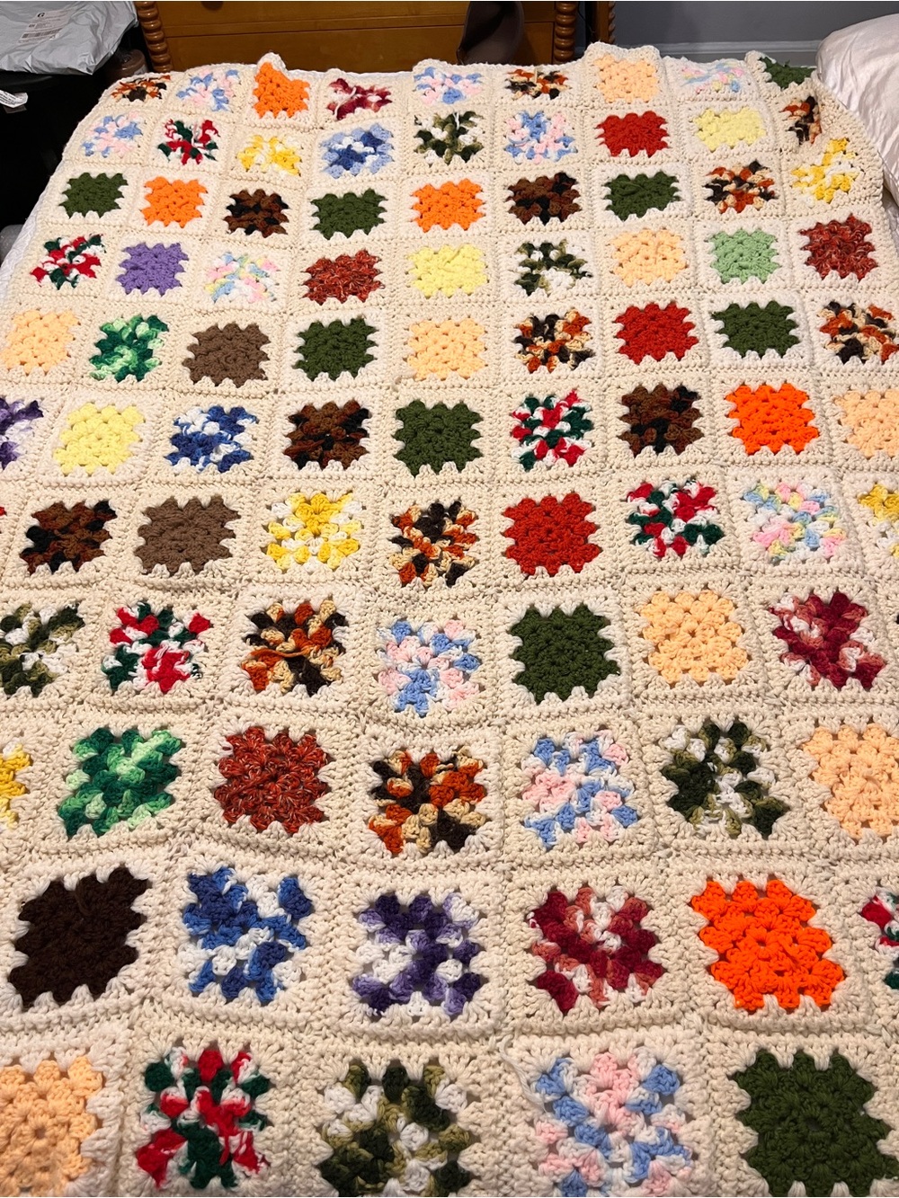 Handmade Granny Square Afghan Blanket Cream Multicolor Crochet Throw Cottage